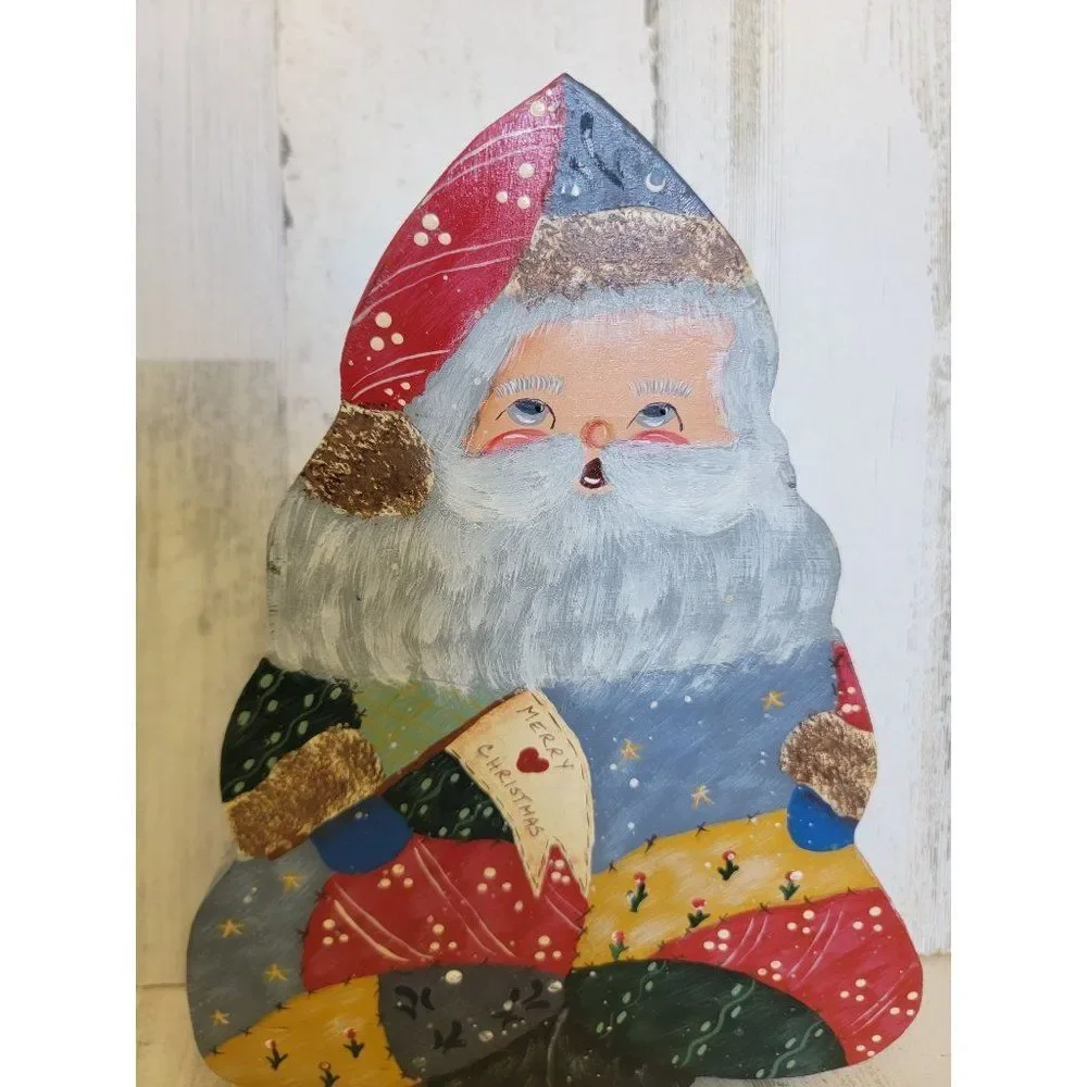 Unique vintage Santa‎ claus Merry Christmas wooden figure floral